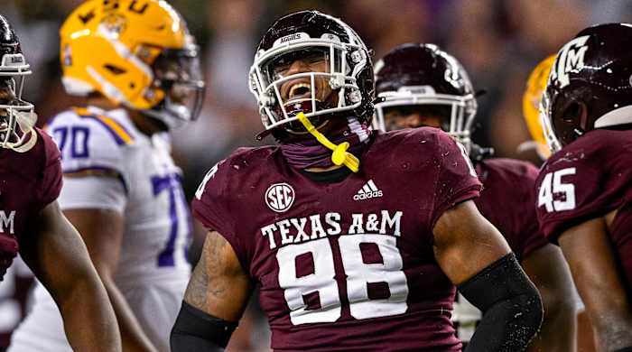 Texas A&M defensive lineman Walter Nolen celebrates a big plan